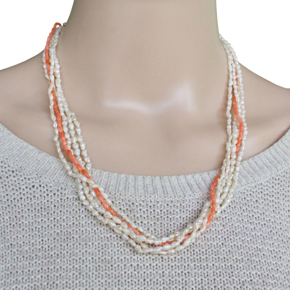 Vintage Genuine Pearl and Coral Beaded Necklace Multi-Strand Seed Bead Torsade